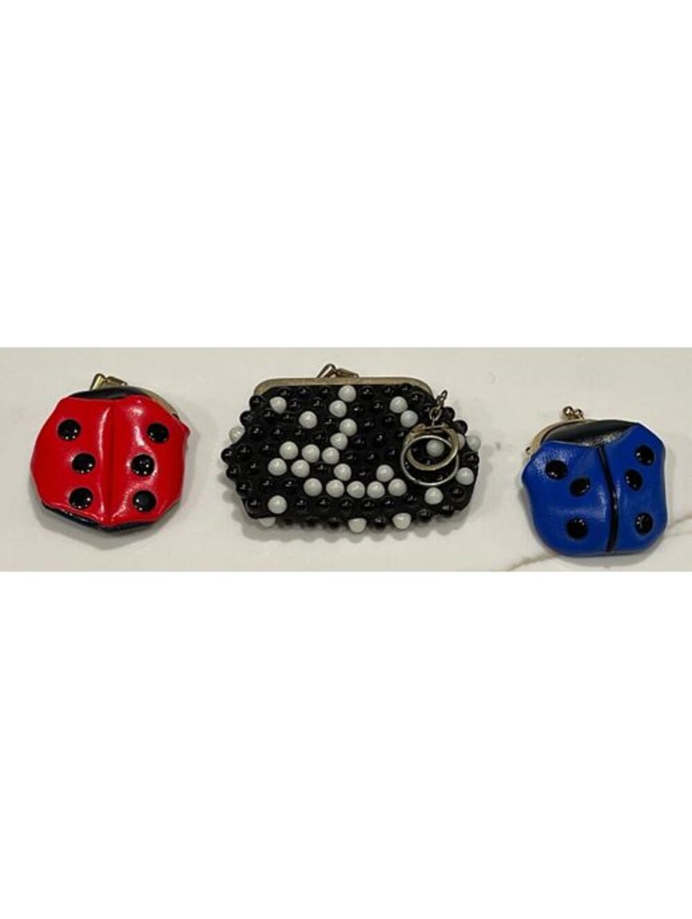 Vintage 70s & 80s beaded / gum drop kiss lock + Red & Blue Lady Bug coin purse